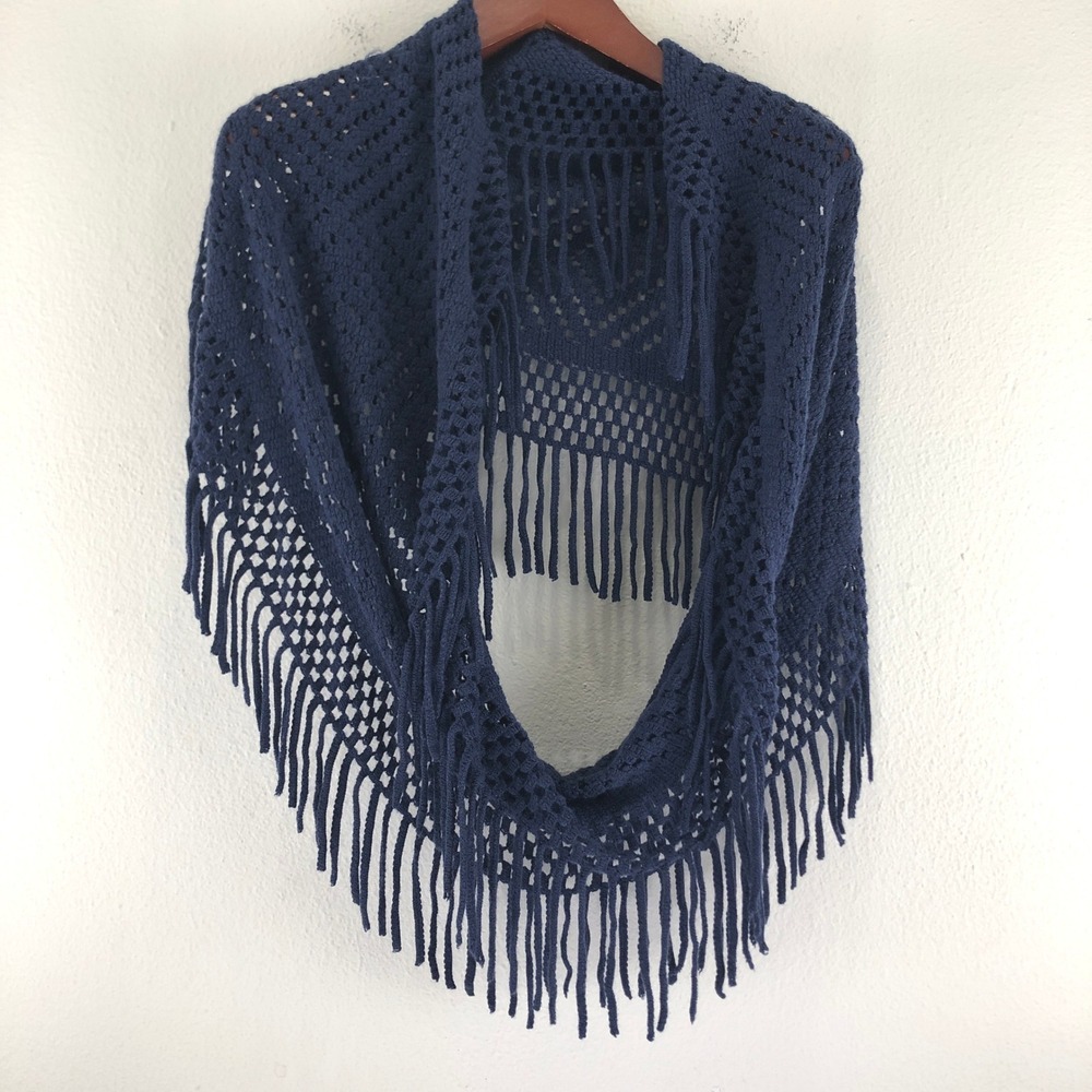Boho Fall Womens Navy Blue Crochet Infinity Scarf Fringe Shawl Wrap One Size